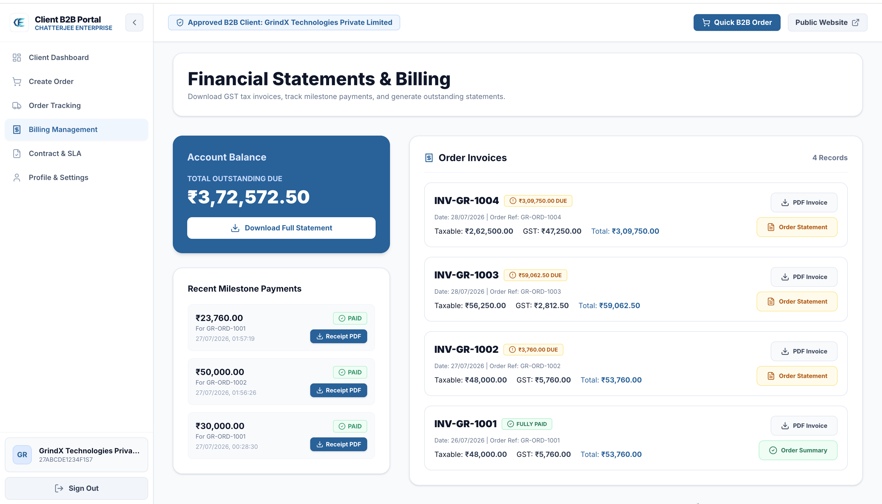Chatterjee Enterprise client billing dashboard