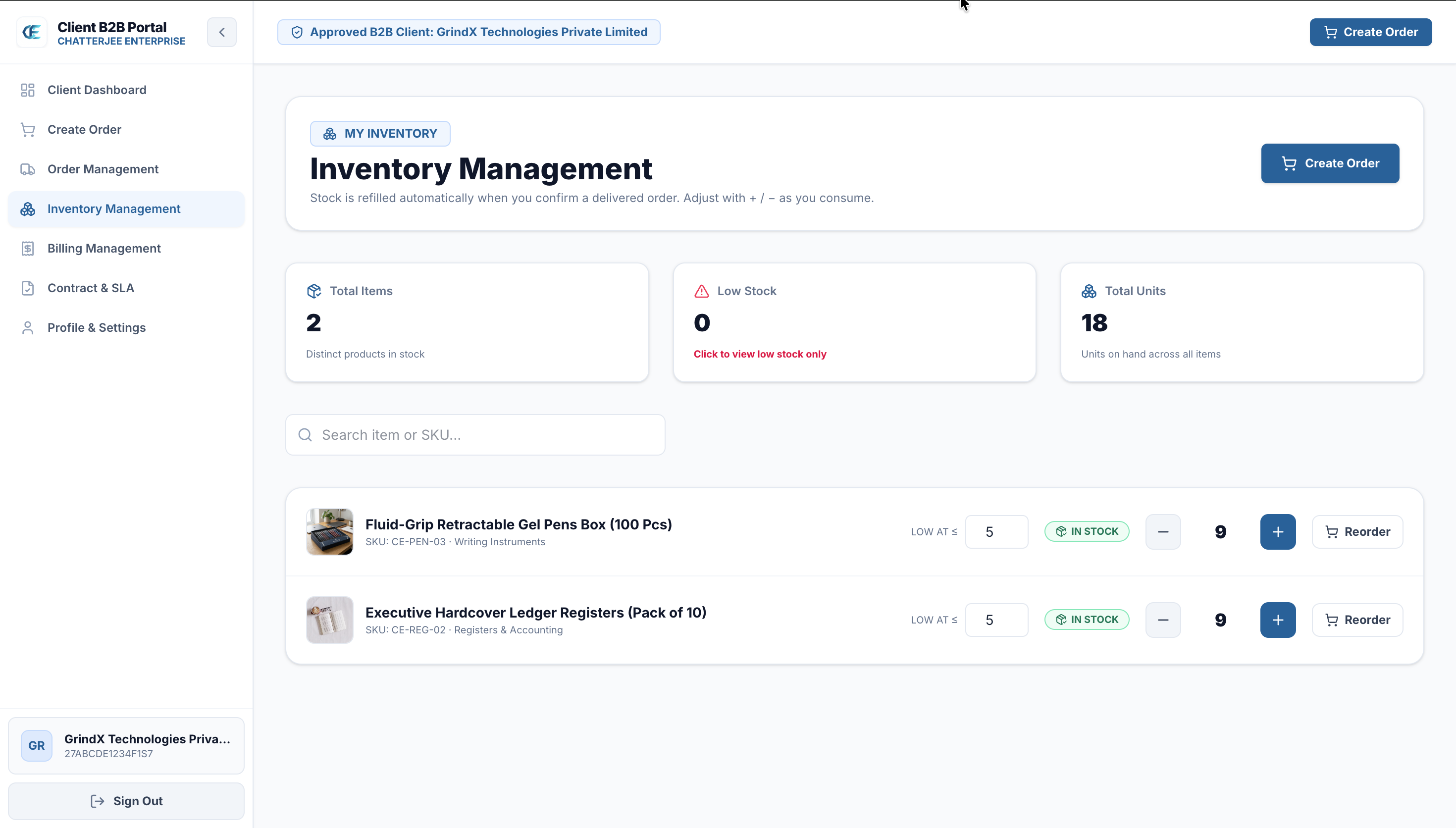 Chatterjee Enterprise client inventory management dashboard